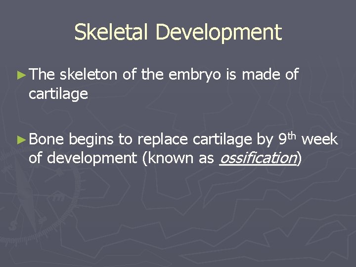 Skeletal Development ► The skeleton of the embryo is made of cartilage ► Bone