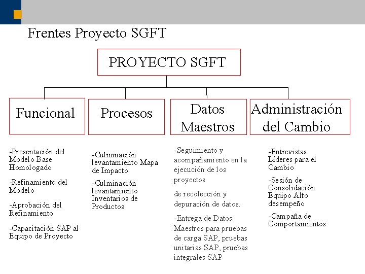 Frentes Proyecto SGFT PROYECTO SGFT Funcional Procesos -Presentación del Modelo Base Homologado -Culminación levantamiento