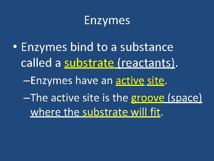 Enzymes • Enzymes bind to a substance called a substrate (reactants). –Enzymes have an Enzymes • Enzymes bind to a substance called a substrate (reactants). –Enzymes have an