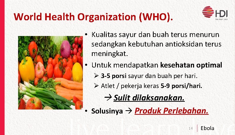 World Health Organization (WHO). • Kualitas sayur dan buah terus menurun sedangkan kebutuhan antioksidan
