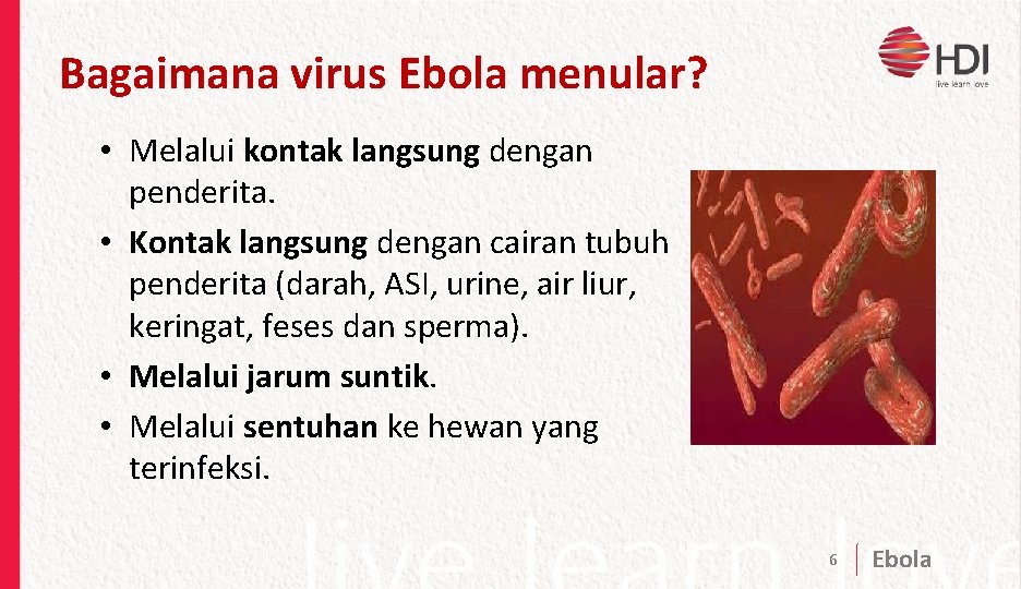 Bagaimana virus Ebola menular? • Melalui kontak langsung dengan penderita. • Kontak langsung dengan