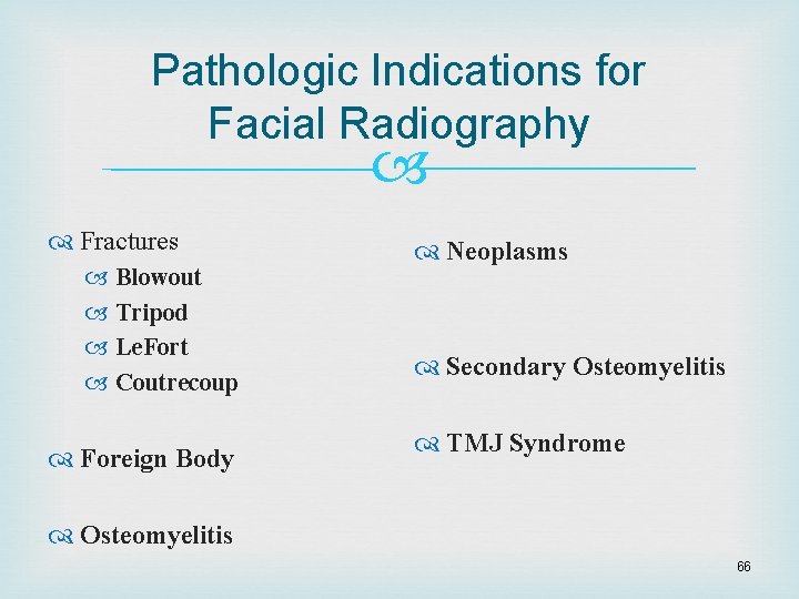 Pathologic Indications for Facial Radiography Fractures Blowout Tripod Le. Fort Coutrecoup Foreign Body Neoplasms