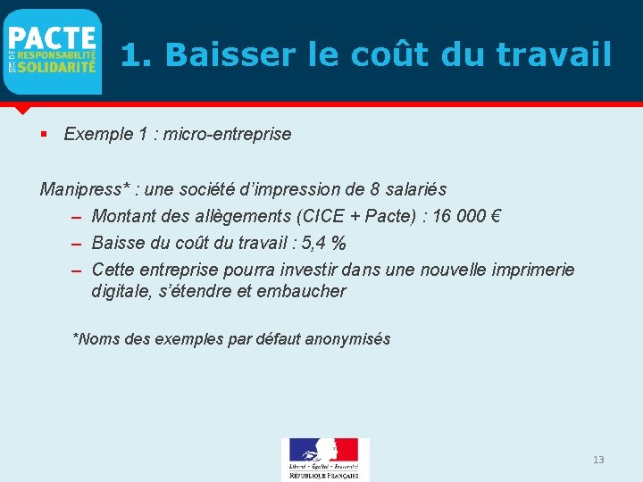 1. Baisser le coût du travail Exemple 1 : micro-entreprise Manipress* : une société