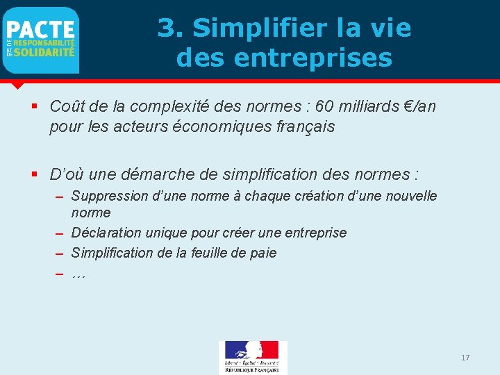 3. Simplifier la vie des entreprises Coût de la complexité des normes : 60