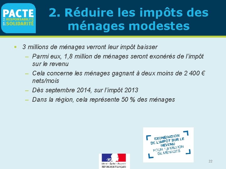 2. Réduire les impôts des ménages modestes 3 millions de ménages verront leur impôt 2. Réduire les impôts des ménages modestes 3 millions de ménages verront leur impôt