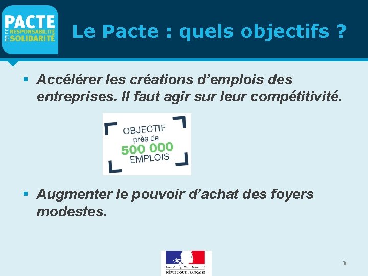 Le Pacte : quels objectifs ? Accélérer les créations d’emplois des entreprises. Il faut Le Pacte : quels objectifs ? Accélérer les créations d’emplois des entreprises. Il faut