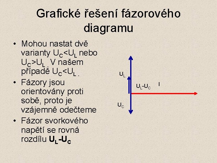 Grafické řešení fázorového diagramu • Mohou nastat dvě varianty UC<UL nebo UC>UL. V našem