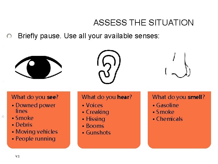 ASSESS THE SITUATION Briefly pause. Use all your available senses: do you see? What