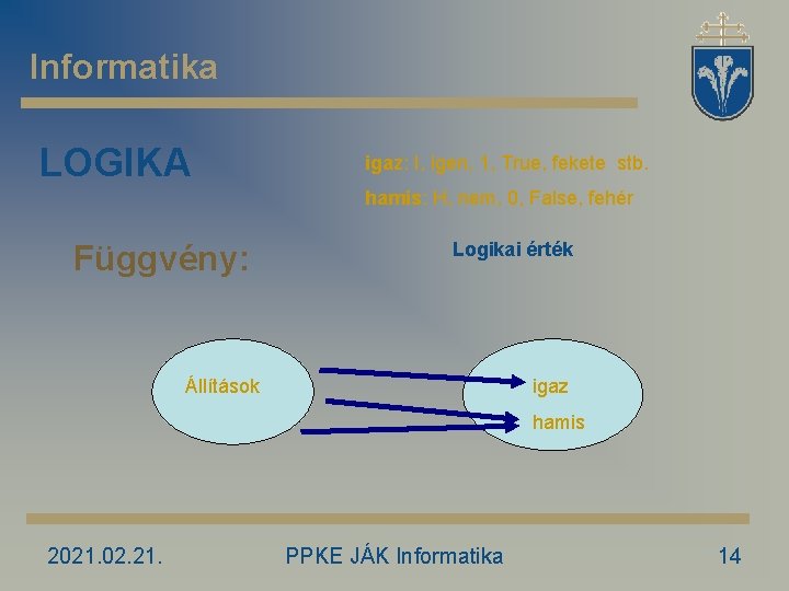 Informatika LOGIKA igaz: I, igen, 1, True, fekete stb. hamis: H, nem, 0, False,