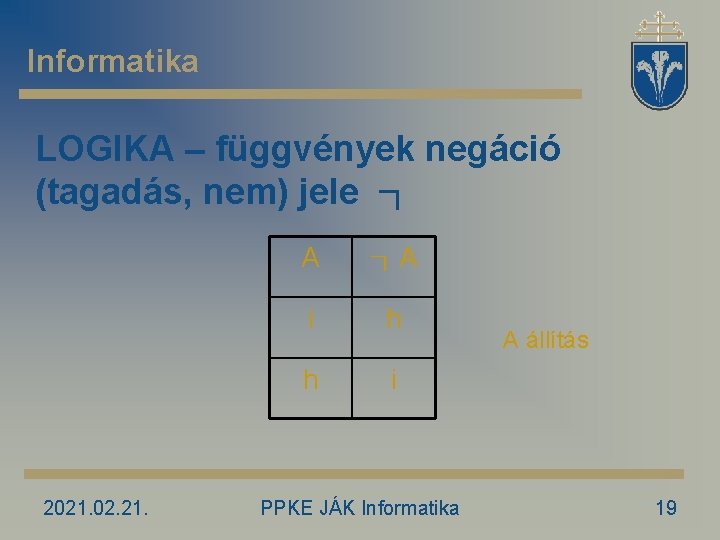 Informatika LOGIKA – függvények negáció (tagadás, nem) jele ┐ 2021. 02. 21. A ┐A