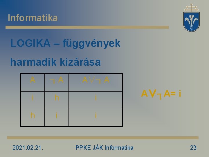 Informatika LOGIKA – függvények harmadik kizárása A ┐A A∨┐A i h i i 2021.