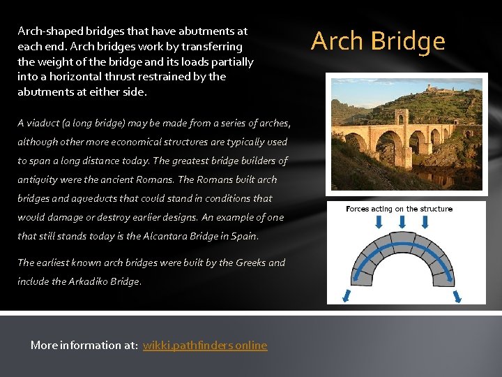 Arch-shaped bridges that have abutments at each end. Arch bridges work by transferring the
