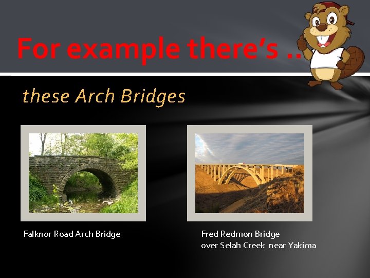 For example there’s …. these Arch Bridges Falknor Road Arch Bridge Fred Redmon Bridge