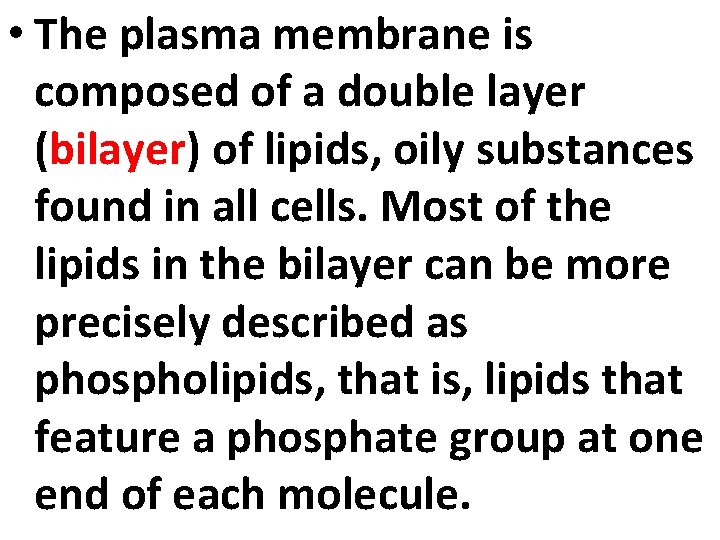  • The plasma membrane is composed of a double layer (bilayer) of lipids,
