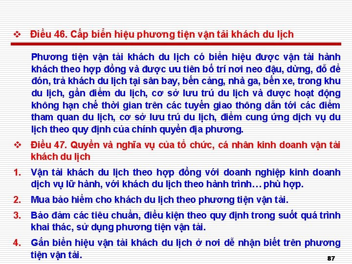 v Điều 46. Cấp biển hiệu phương tiện vận tải khách du lịch Phương