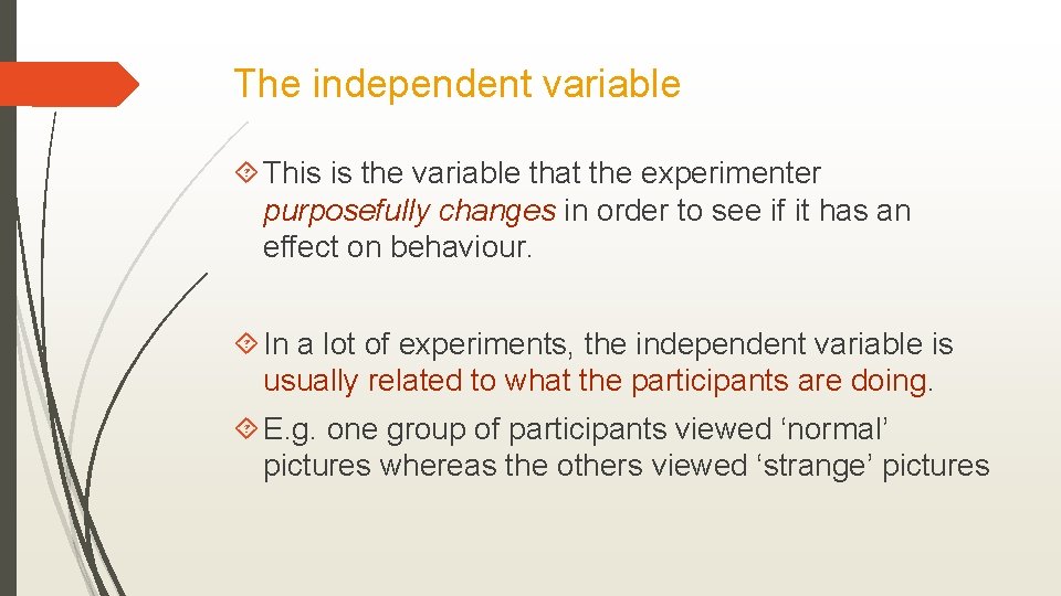 The independent variable This is the variable that the experimenter purposefully changes in order