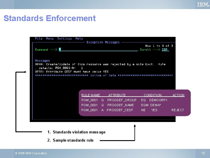 ® Standards Enforcement RULE NAME ATTRIBUTE CONDITION PGM_0001 Q PROGDEF_GROUP EQ PGM_0001 Q PROGDEF_NAME