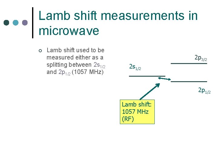 Lamb shift measurements in microwave ¢ Lamb shift used to be measured either as