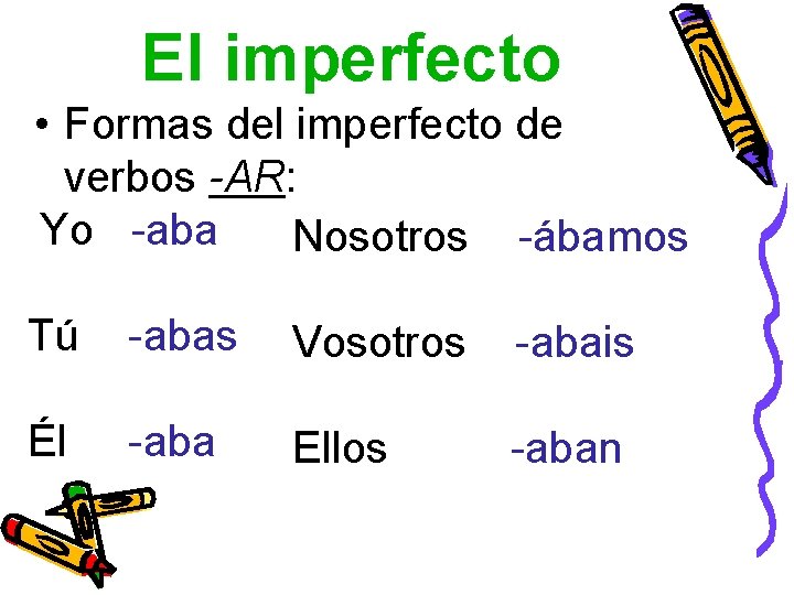 El imperfecto • Formas del imperfecto de verbos -AR: Yo -aba Nosotros -ábamos Tú