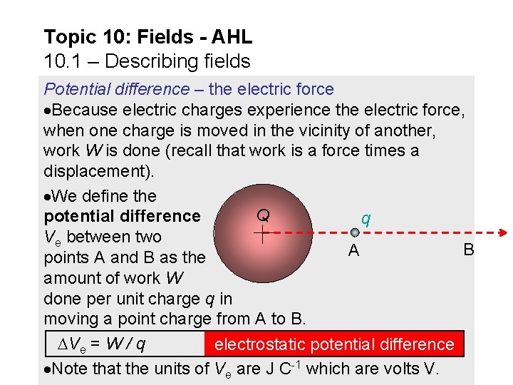 Topic 10: Fields - AHL 10. 1 – Describing fields Potential difference – the