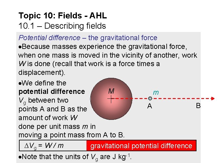 Topic 10: Fields - AHL 10. 1 – Describing fields Potential difference – the