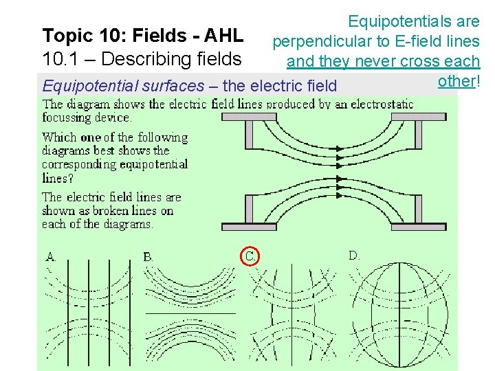 Equipotentials are Topic 10: Fields - AHL perpendicular to E-field lines 10. 1 –