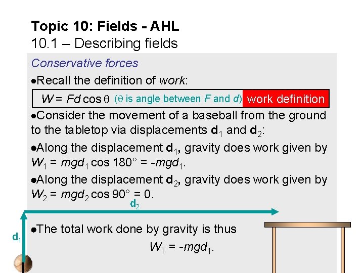 Topic 10: Fields - AHL 10. 1 – Describing fields Conservative forces Recall the