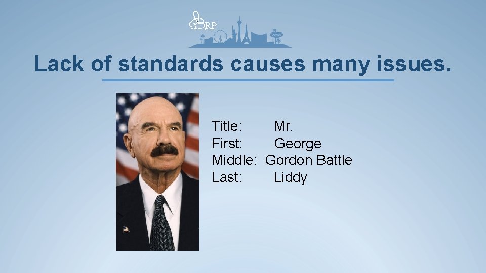 Lack of standards causes many issues. Title: Mr. First: George Middle: Gordon Battle Last: