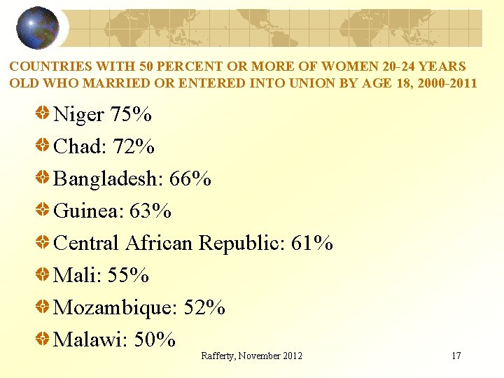 COUNTRIES WITH 50 PERCENT OR MORE OF WOMEN 20 -24 YEARS OLD WHO MARRIED