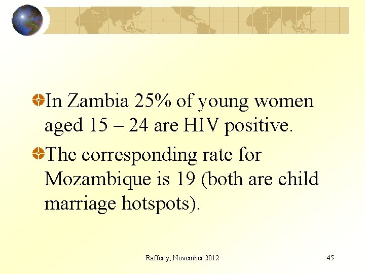 In Zambia 25% of young women aged 15 – 24 are HIV positive. The
