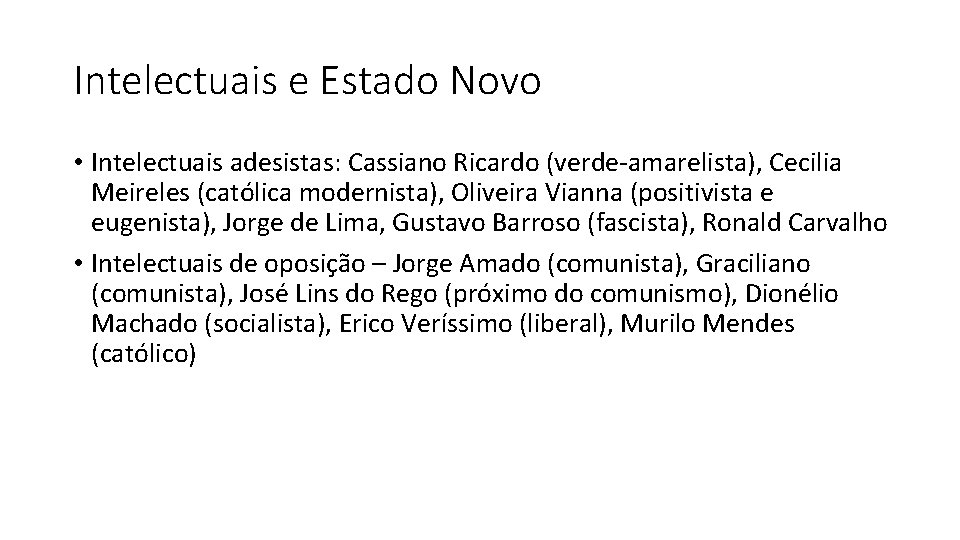 Intelectuais e Estado Novo • Intelectuais adesistas: Cassiano Ricardo (verde-amarelista), Cecilia Meireles (católica modernista),
