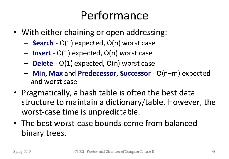 Performance • With either chaining or open addressing: – – Search - O(1) expected,