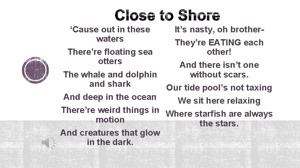 ‘Cause out in these waters There’re floating sea otters The whale and dolphin and
