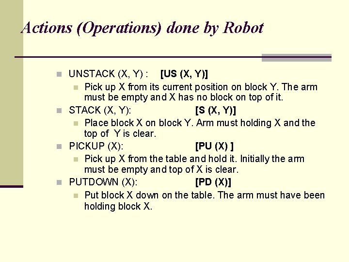 Actions (Operations) done by Robot n UNSTACK (X, Y) : [US (X, Y)] n