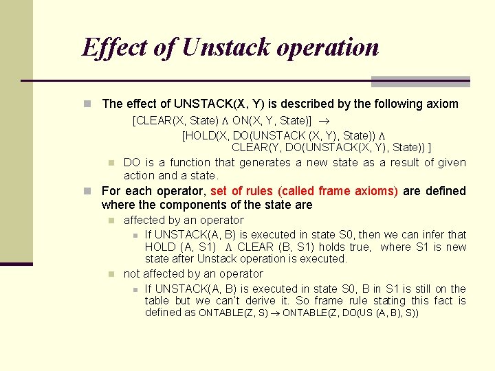 Effect of Unstack operation n The effect of UNSTACK(X, Y) is described by the