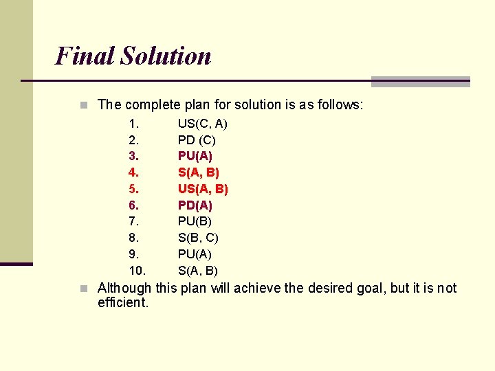 Final Solution n The complete plan for solution is as follows: 1. US(C, A)