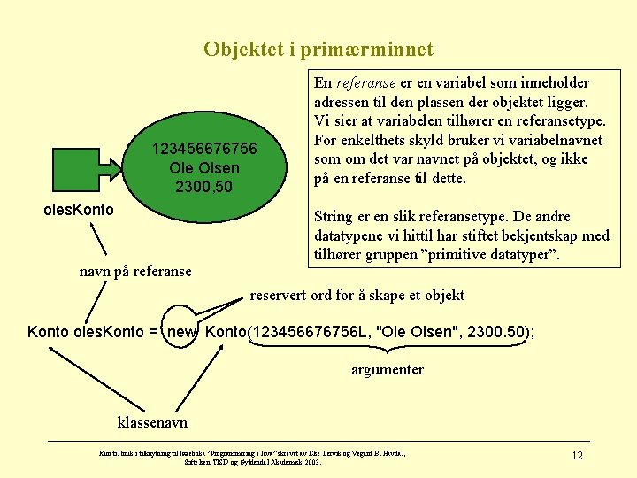 Objektet i primærminnet 123456676756 Ole Olsen 2300, 50 oles. Konto navn på referanse En