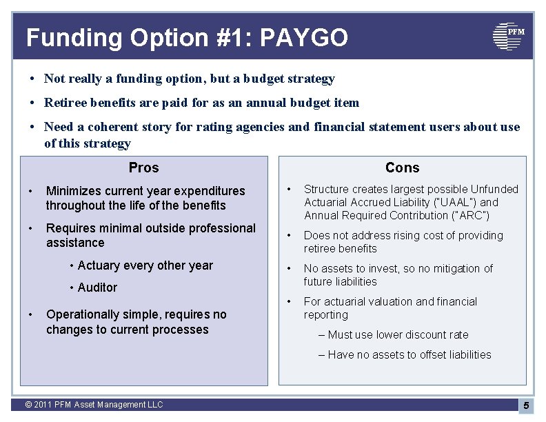 Funding Option #1: PAYGO PFM • Not really a funding option, but a budget