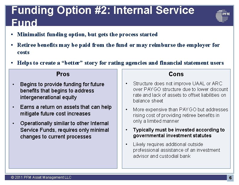 Funding Option #2: Internal Service Fund PFM • Minimalist funding option, but gets the