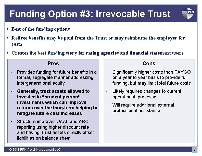 Funding Option #3: Irrevocable Trust PFM • Best of the funding options • Retiree