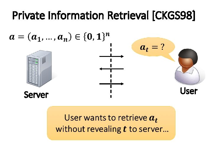 Private Information Retrieval [CKGS 98] User Server 