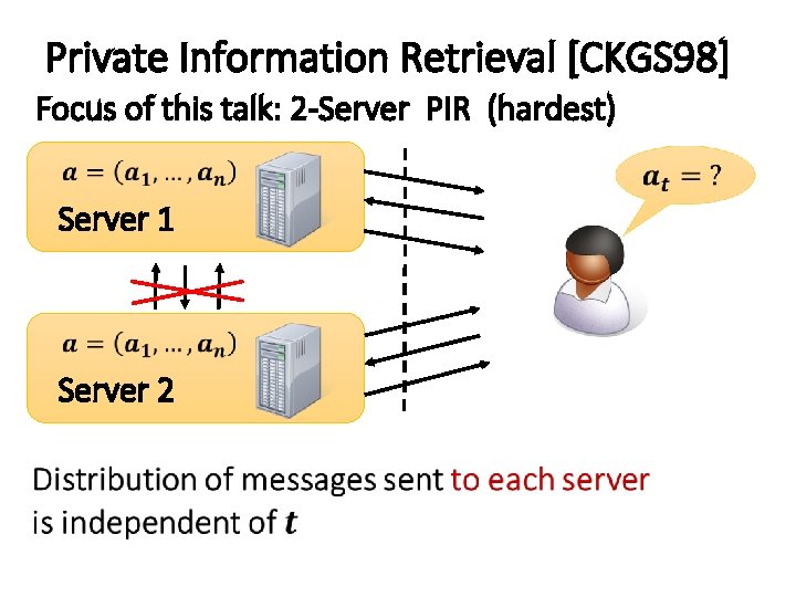 Private Information Retrieval [CKGS 98] Focus of this talk: 2 -Server PIR (hardest) Server