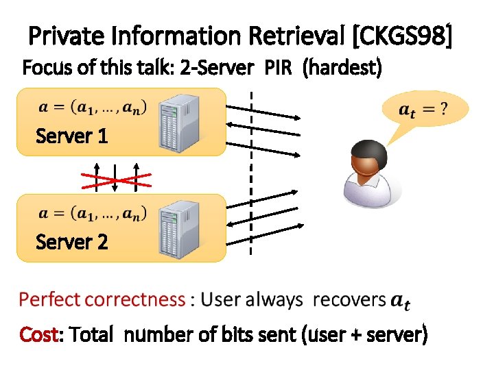 Private Information Retrieval [CKGS 98] Focus of this talk: 2 -Server PIR (hardest) Server
