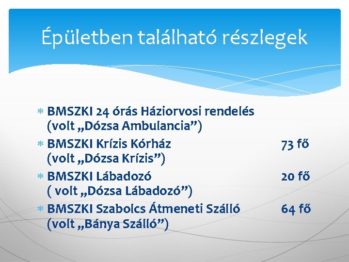 Épületben található részlegek BMSZKI 24 órás Háziorvosi rendelés (volt „Dózsa Ambulancia”) BMSZKI Krízis Kórház