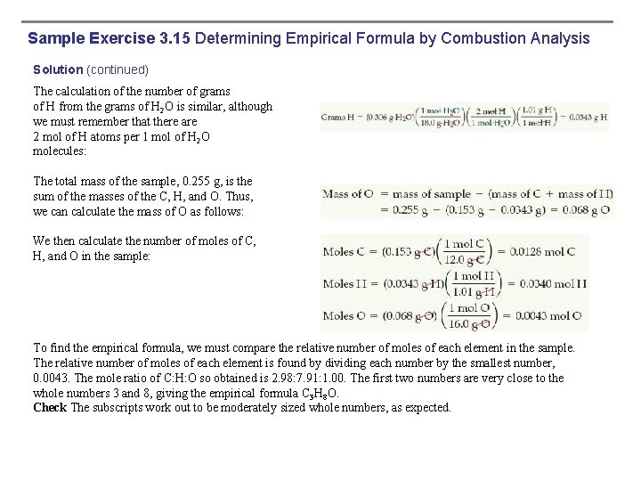 Sample Exercise 3. 15 Determining Empirical Formula by Combustion Analysis Solution (continued) The calculation