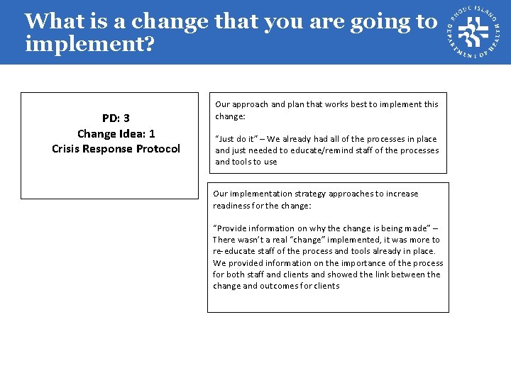 What is a change that you are going to implement? PD: 3 Change Idea: