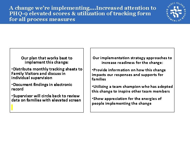 A change we’re implementing…. Increased attention to PHQ-9 elevated scores & utilization of tracking