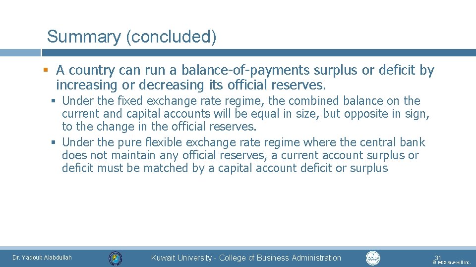 Summary (concluded) § A country can run a balance-of-payments surplus or deficit by increasing