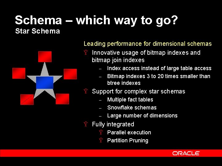 Schema – which way to go? Star Schema Leading performance for dimensional schemas Ÿ