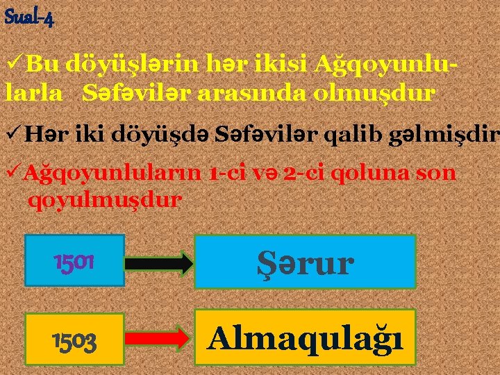 Sual-4 üBu döyüşlərin hər ikisi Ağqoyunlularla Səfəvilər arasında olmuşdur üHər iki döyüşdə Səfəvilər qalib